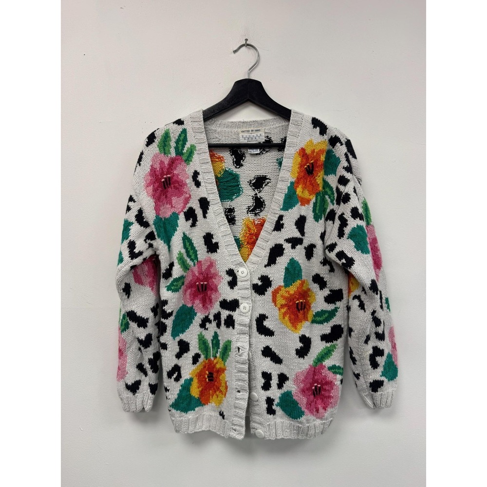 Vintage Picone Sport Sweater Womens Petite P White Floral Leopard Knit‎ Ramie